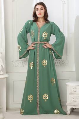 Moss green nida fabric Printed kaftan islamic kaftan 1