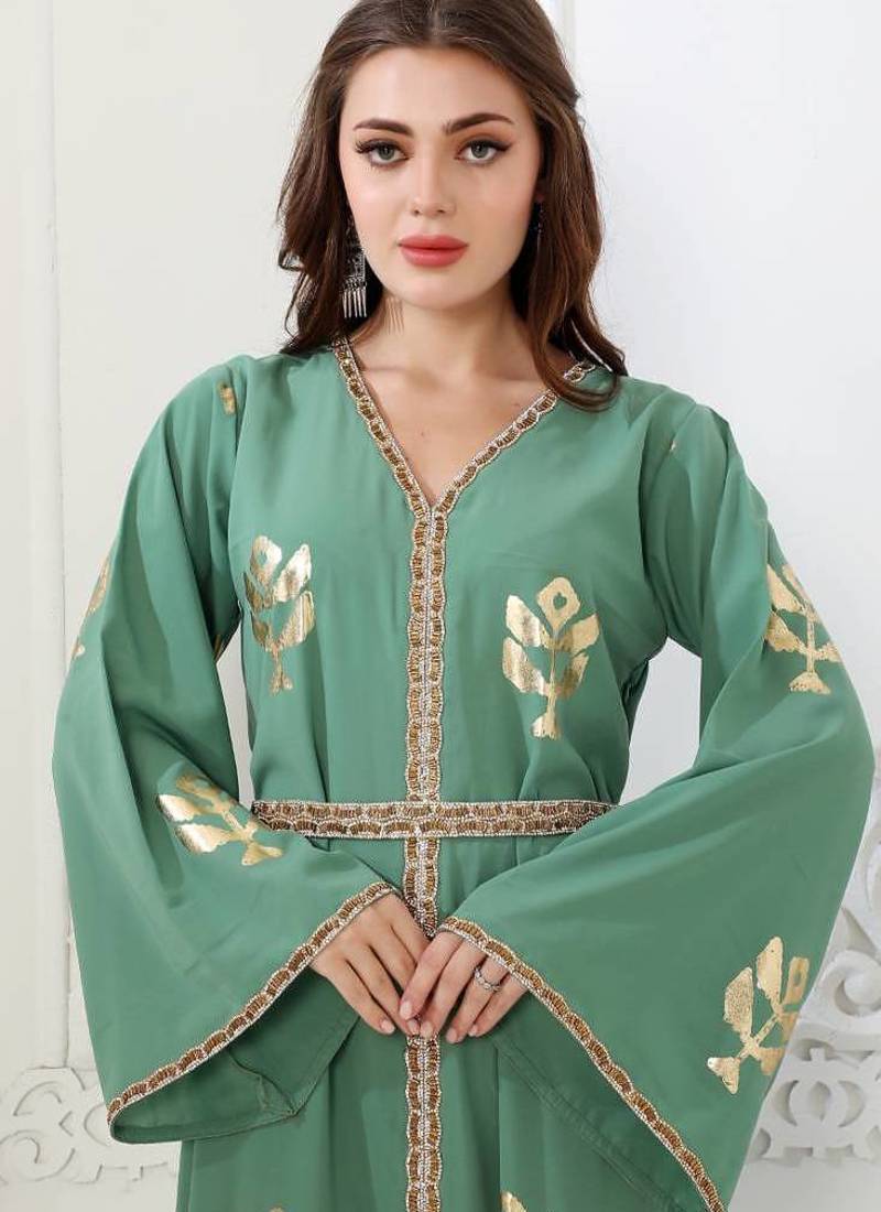 Moss green nida fabric Printed kaftan islamic kaftan