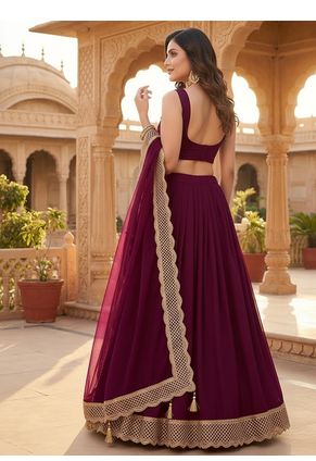 Wine Purple Lehenga Set with dupatta and lace detailing 2