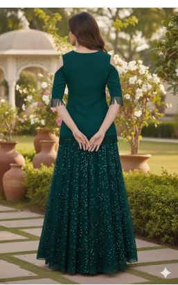 Teal Green Cold-Shoulder long choli Lehenga Set 2