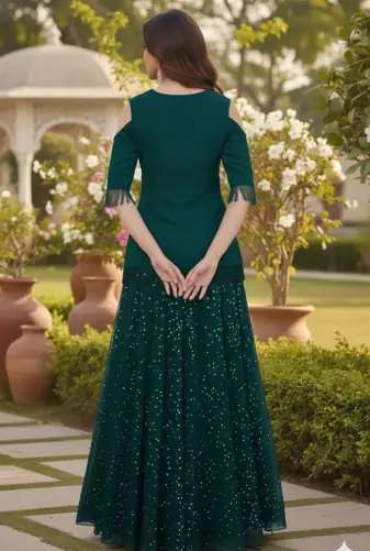 Teal Green Cold-Shoulder long choli Lehenga Set