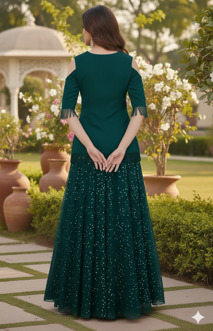 Teal Green Cold-Shoulder long choli Lehenga Set