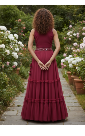 Wine Maroon Tiered crop top Lehenga Set 2