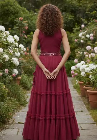 Wine Maroon Tiered crop top Lehenga Set