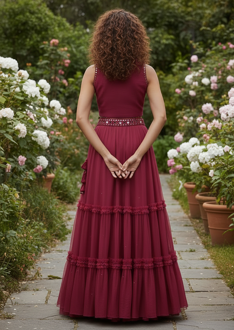 Wine Maroon Tiered crop top Lehenga Set