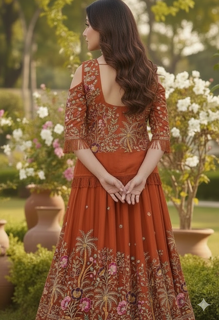Rust Orange Embroidered Lehenga with Jacket