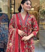 Jaipuri Maroon Women's Cotton Blend Anarkali Printed Kurta With Palazzo & Dupatta