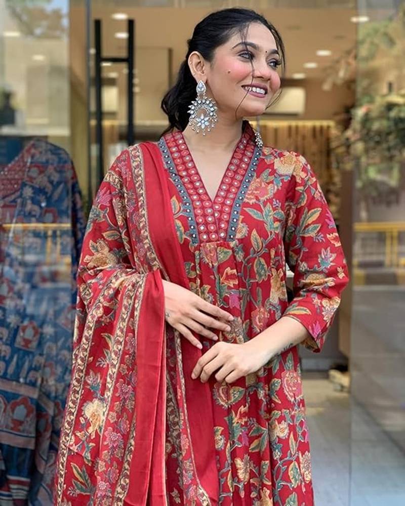 Jaipuri Maroon Women's Cotton Blend Anarkali Printed Kurta With Palazzo & Dupatta