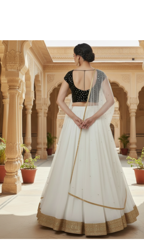 White Lehenga set with dupatta and lace detailing 2