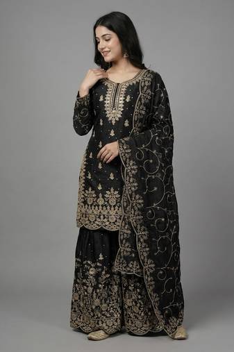 Black Color Pure Jimi SIlk Embroidery Work Wedding wear palazzo Set