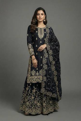 Black Color Pure Jimi SIlk Embroidery Work Wedding Wear Plazo Set