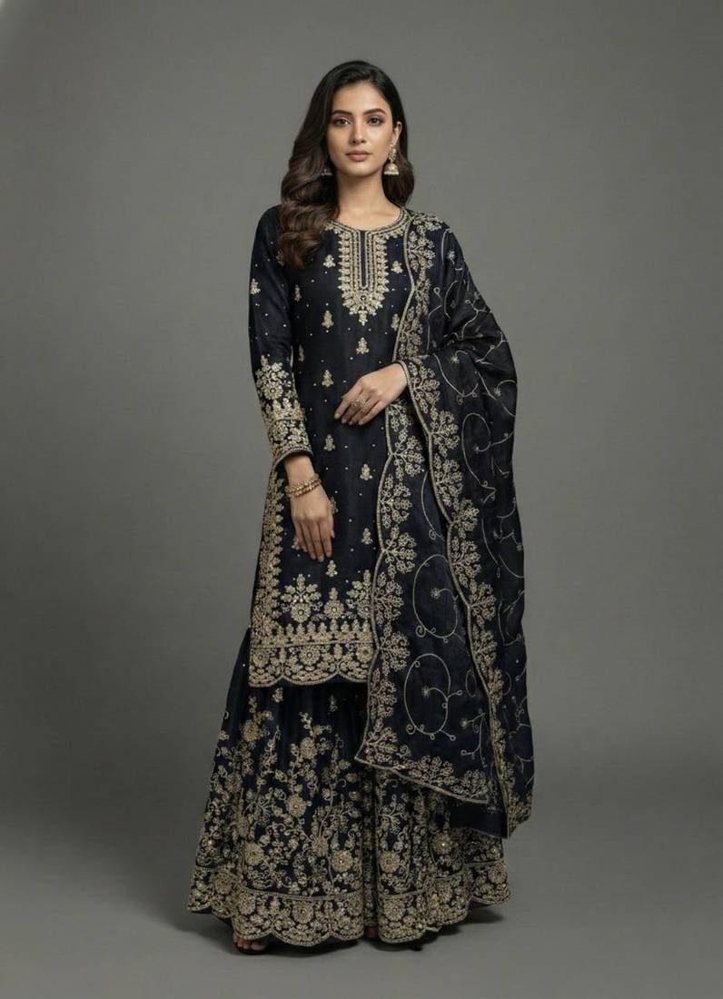 Black Color Pure Jimi SIlk Embroidery Work Wedding Wear Plazo Set