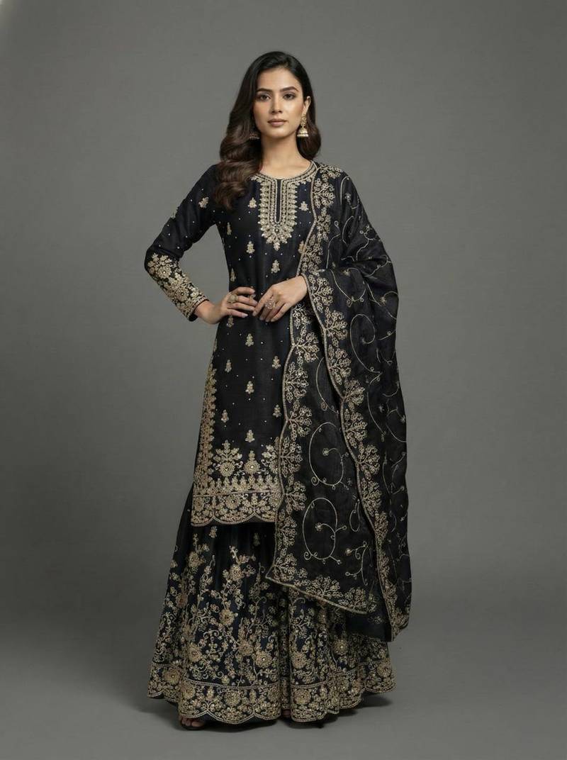 Black Color Pure Jimi SIlk Embroidery Work Wedding Wear Plazo Set