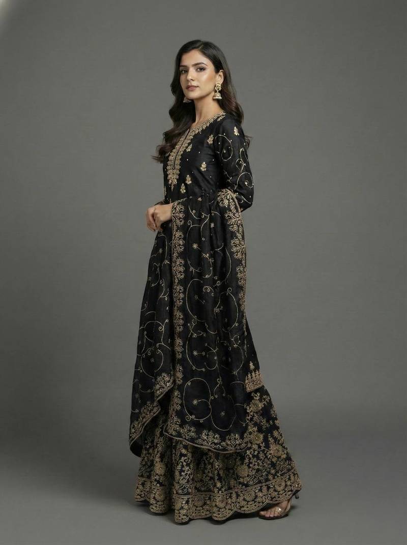 Black Color Pure Jimi SIlk Embroidery Work Wedding Wear Plazo Set