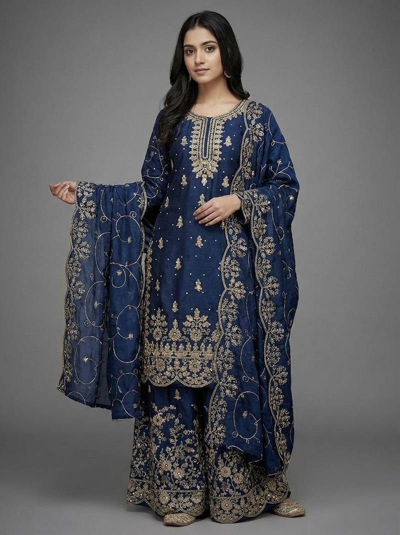 Blue Color Pure Jimi SIlk Embroidery Work Wedding Wear Plazo Set
