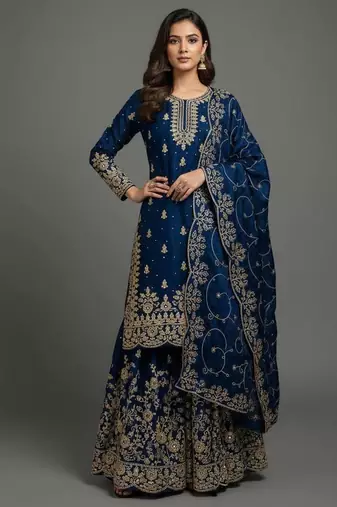 Blue Color Pure Jimi SIlk Embroidery Work Wedding Wear Plazo Set