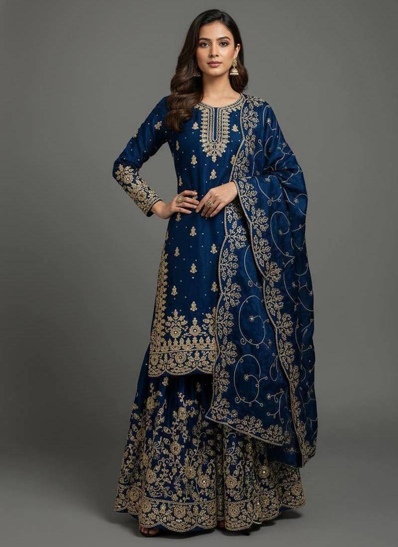 Blue Color Pure Jimi SIlk Embroidery Work Wedding Wear Plazo Set