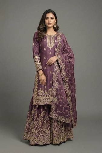 Onion Color Pure Jimi SIlk Embroidery Work Wedding Wear Plazo Set