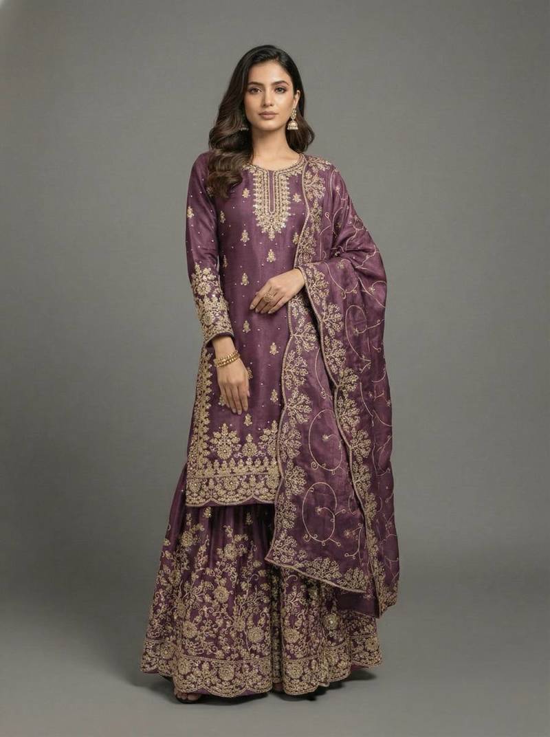 Onion Color Pure Jimi SIlk Embroidery Work Wedding Wear Plazo Set
