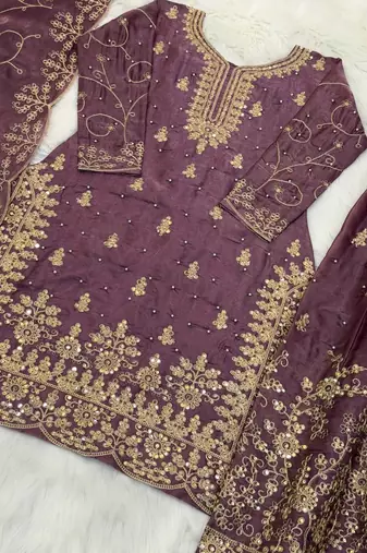 Onion Color Pure Jimi SIlk Embroidery Work Wedding Wear Plazo Set