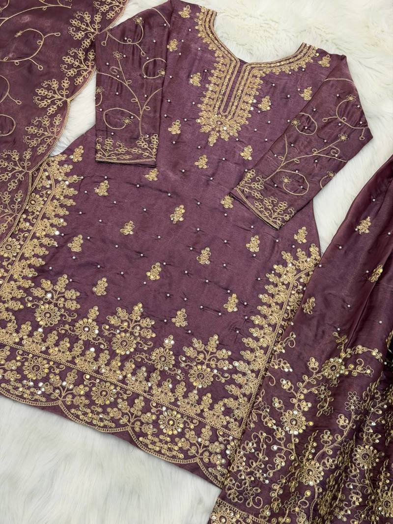 Onion Color Pure Jimi SIlk Embroidery Work Wedding Wear Plazo Set