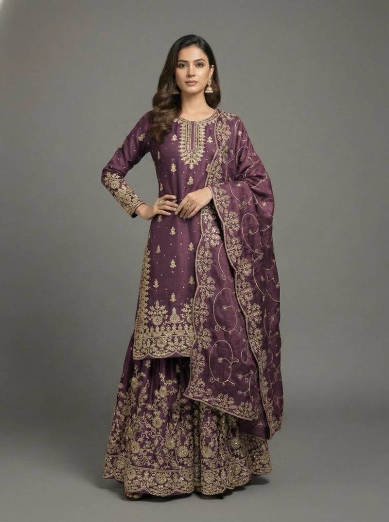 Onion Color Pure Jimi SIlk Embroidery Work Wedding Wear Plazo Set