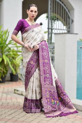 Purple banarasi silk blend saree in ajrakh and patola weaving with zari pallu 1