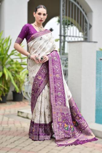 Purple banarasi silk saree in ajrakh and patola weaving with zari pallu
