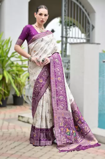 Purple banarasi silk saree in ajrakh and patola weaving with zari pallu
