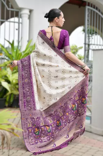 Purple banarasi silk blend saree in ajrakh and patola weaving with zari pallu
