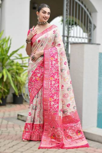 Pink banarasi silk saree in ajrakh and patola weaving with zari pallu