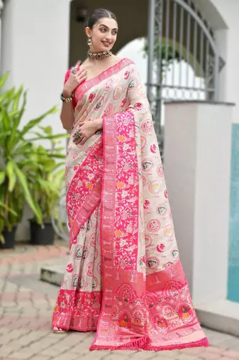 Pink banarasi silk saree in ajrakh and patola weaving with zari pallu