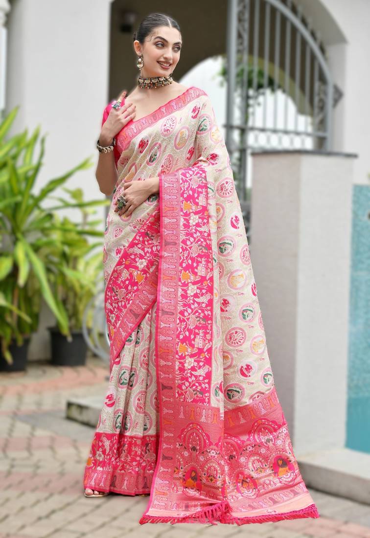 Pink banarasi silk saree in ajrakh and patola weaving with zari pallu