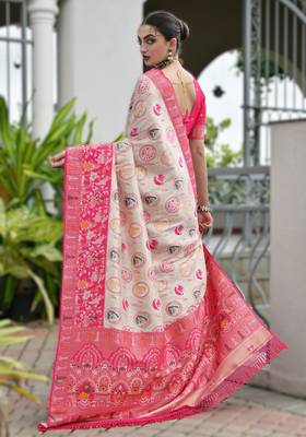 Pink banarasi silk blend saree in ajrakh and patola weaving with zari pallu 2