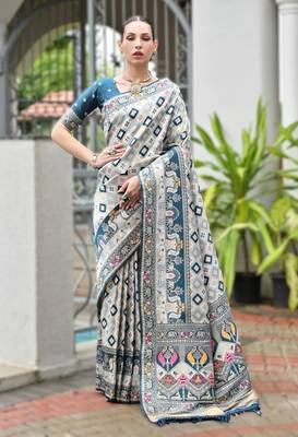 Teal banarasi silk blend saree in ajrakh and patola weaving with zari pallu 1