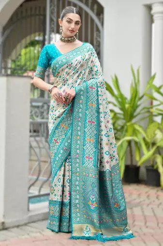 Sky blue banarasi silk saree in ajrakh and patola weaving with zari pallu