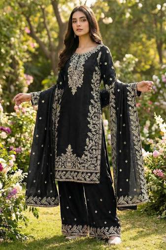 Black Color Pure Jimi SIlk Embroidery Work Wedding Wear Plazo Set