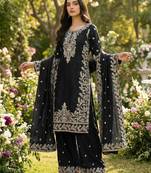 Black Color Pure Jimi SIlk Embroidery Work Wedding Wear Plazo Set