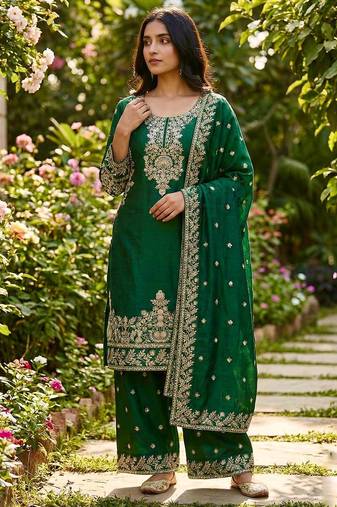 Green Color Pure Jimi SIlk Embroidery Work Wedding Wear Plazo Set