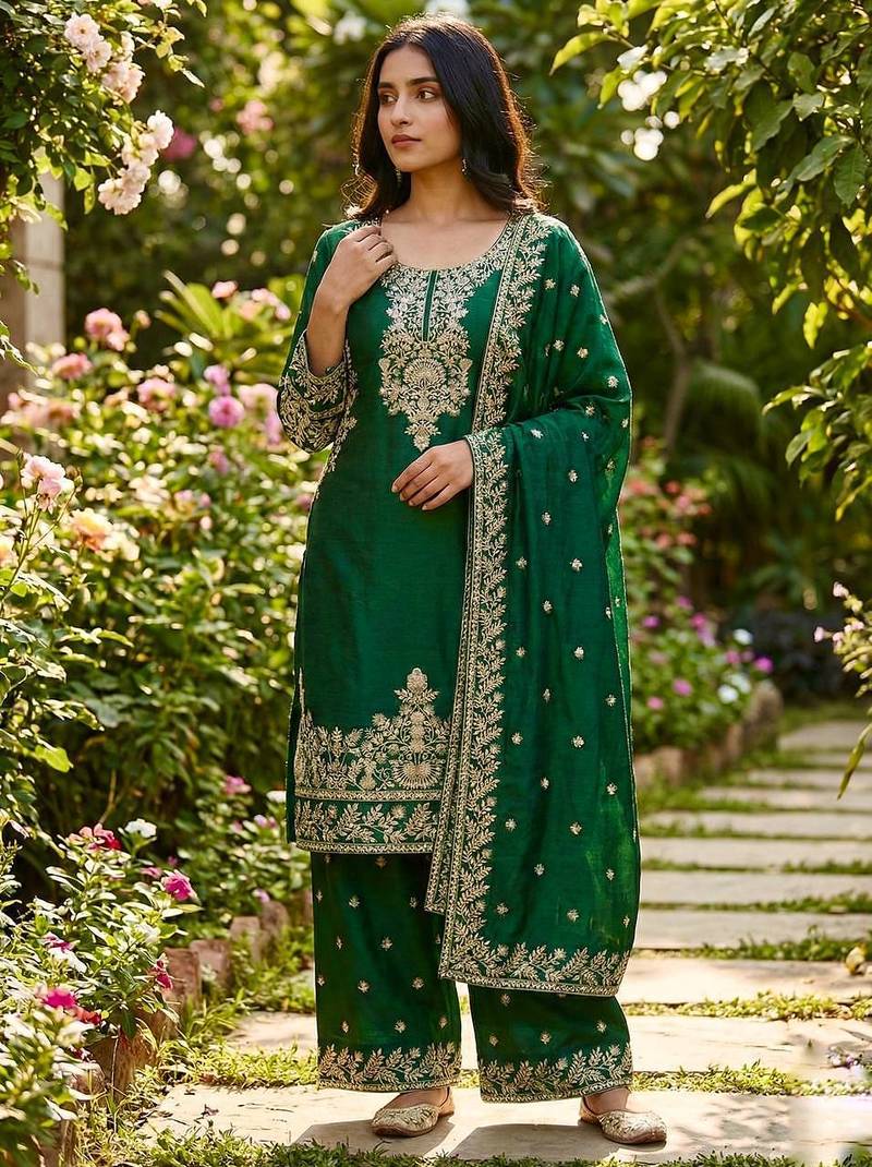 Green Color Pure Jimi SIlk Embroidery Work Wedding Wear Plazo Set