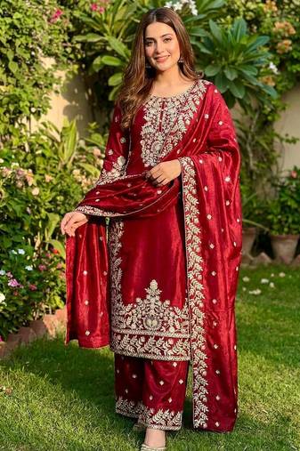 Red Color Pure Jimi SIlk Embroidery Work Wedding Wear Plazo Set