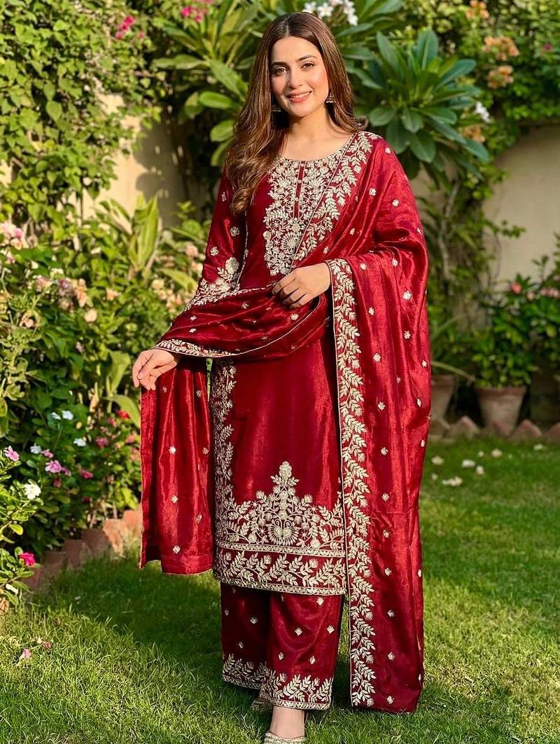Red Color Pure Jimi SIlk Embroidery Work Wedding Wear Plazo Set