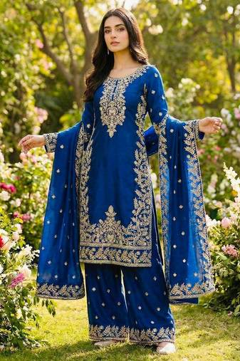 Royal Blue Color Pure Jimi SIlk Embroidery Work Wedding Wear Plazo Set