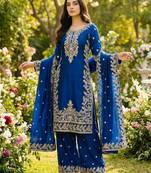 Royal Blue Color Pure Jimi SIlk Embroidery Work Wedding Wear Plazo Set