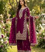 Wine Color Pure Jimi SIlk Embroidery Work Wedding Wear Plazo Set