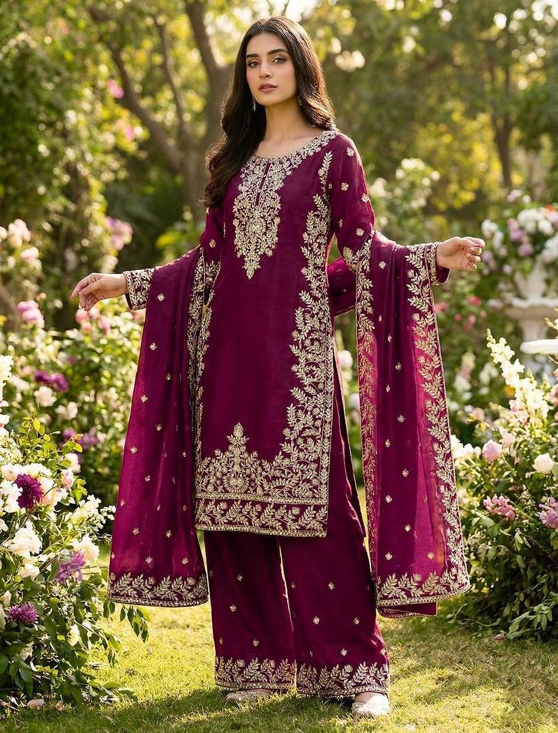 Wine Color Pure Jimi SIlk Embroidery Work Wedding Wear Plazo Set