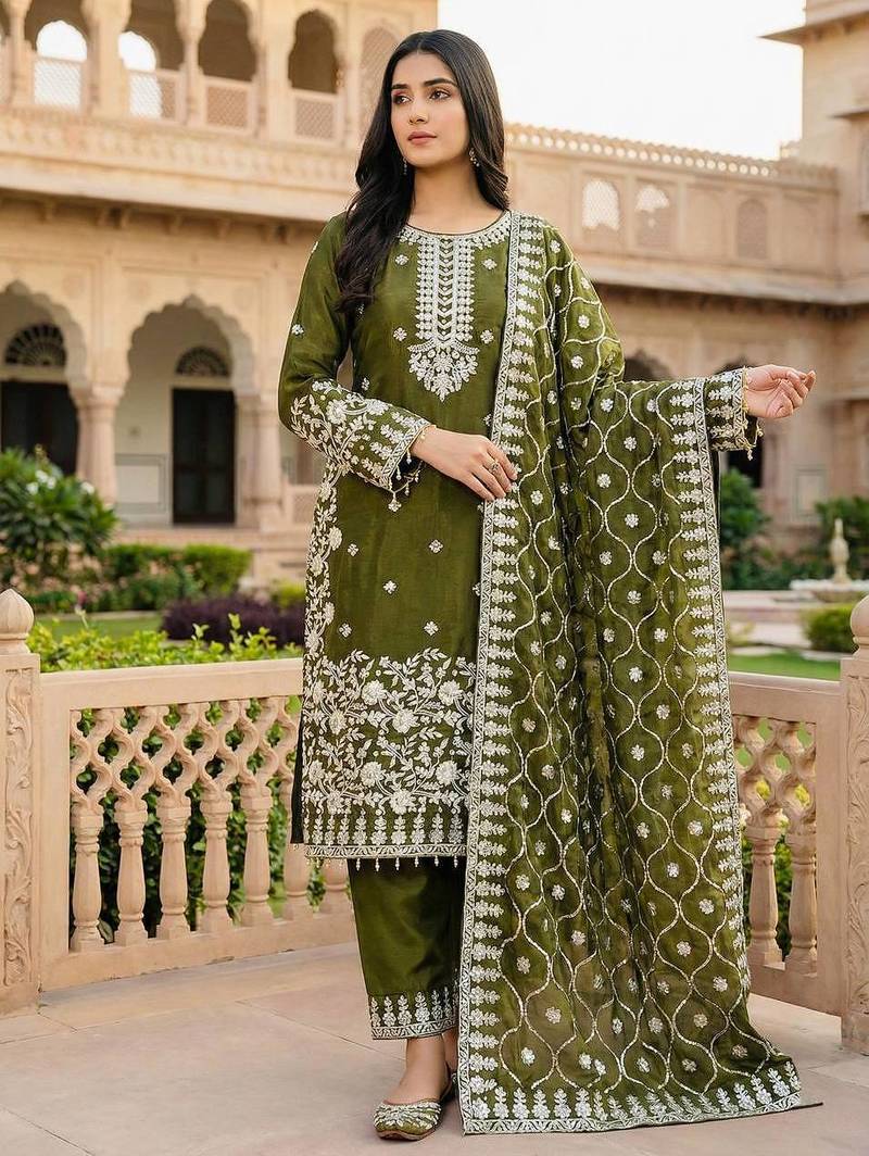 Green Color Pure Jimi SIlk Embroidery Work Wedding Wear Salwar Suit