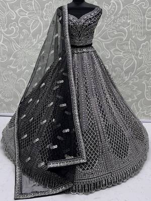 black sequins embroidered net lehenga set choli with dupatta 8