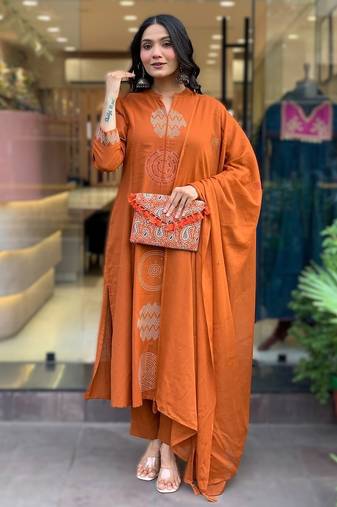 orange embroidered chanderi straight kurta set with chinon dupatta