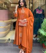 orange embroidered chanderi straight kurta set with chinon dupatta
